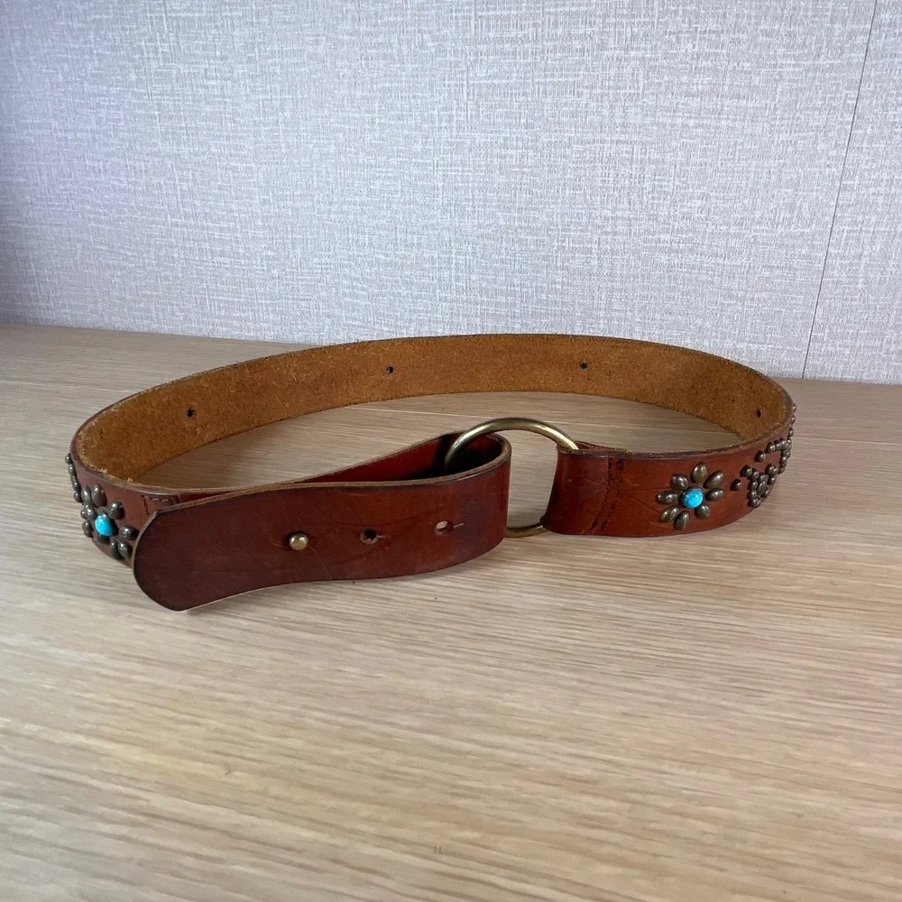 Vintage Brown Leather Studded Floral Turquoise Belt O-Ring Western Boho Cowgirl